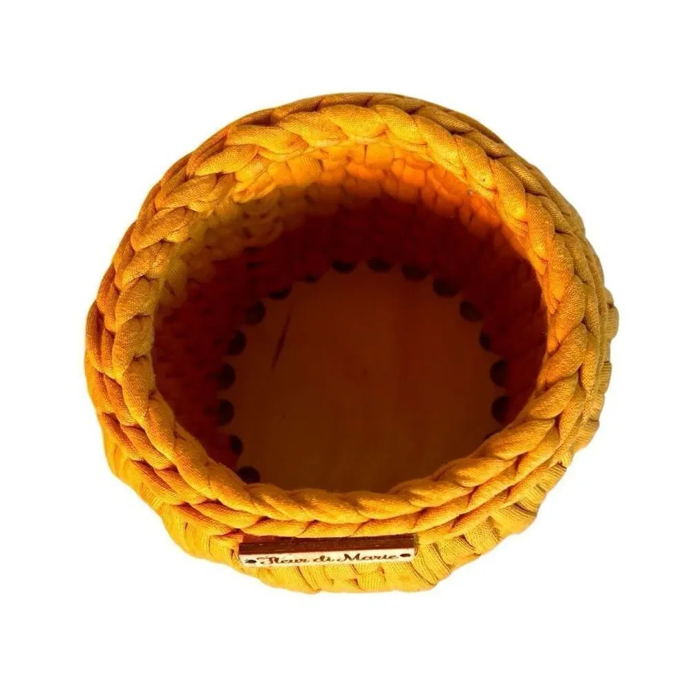 Small Crochet Basket, Eco Storage Basket, Handmade Golden Yellow Wood Bottom
